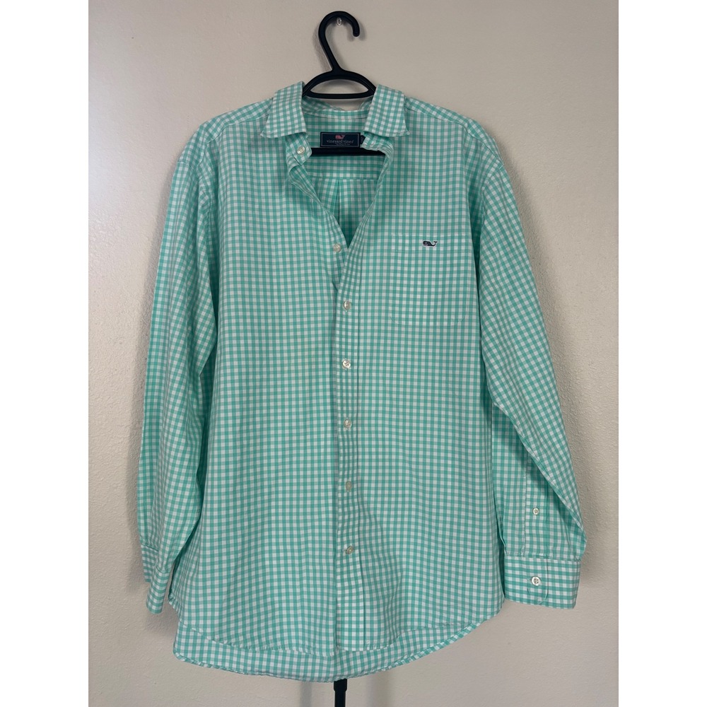 Vineyard Vines Mens Large Green Gingham Plaid Whale Logo Button Down Shirt L